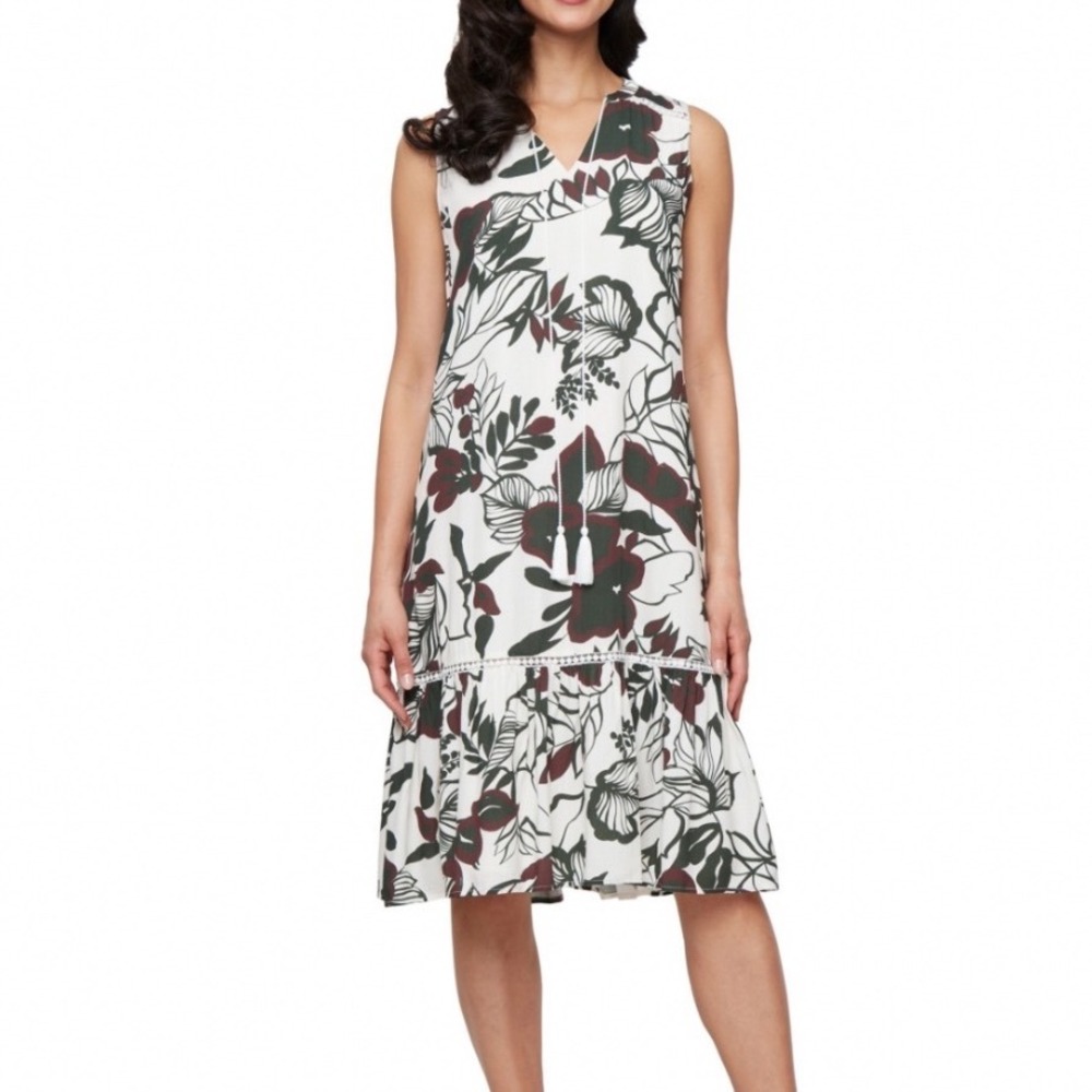 SLNY Floral Tiered Midi Dress Women 18 New NWT Ivory Multi Tassel MSRP $89